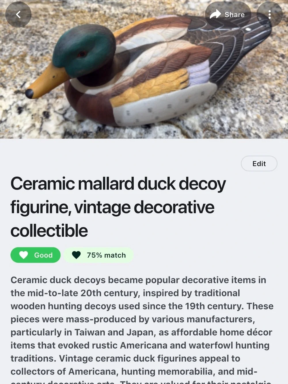 Vintage Hand-Painted Mallard Duck Decoy - Green Head, Brown & Tan Body